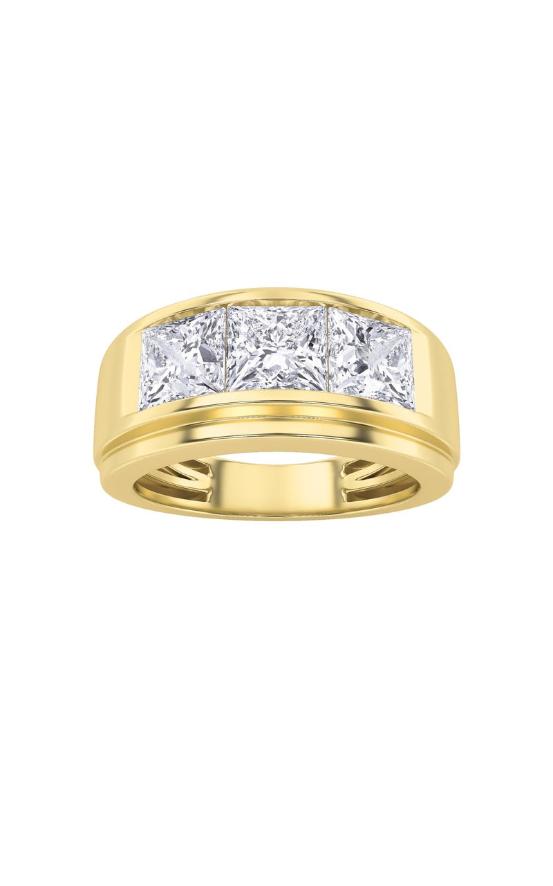 3Cttw Princess Shaped Lab Grown Diamond (F/VS) Three Stone Channel Set Mens Ring in 14K Gold