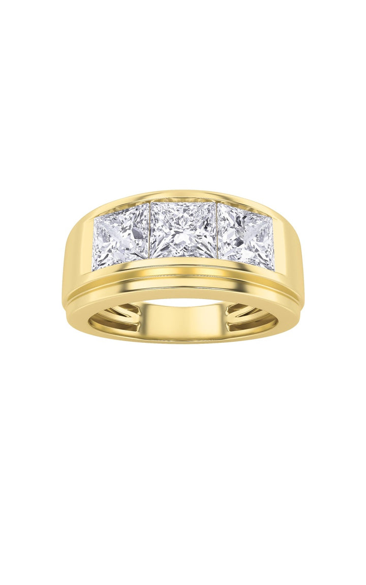 3Cttw Princess Shaped Lab Grown Diamond (F/VS) Three Stone Channel Set Mens Ring in 14K Gold