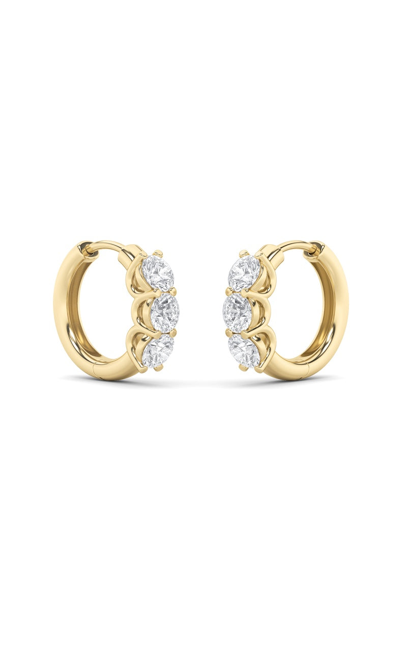 2Cttw Round Shaped Lab Grown Diamond (G/VS) Three Stone Huggie Earrings in 10K Gold