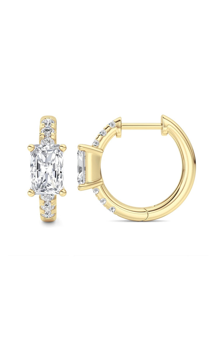 1.5CTW Radiant Shaped Lab Grown Diamond (G/VS) Solitare Accent Huggie Earrings in 14K Gold