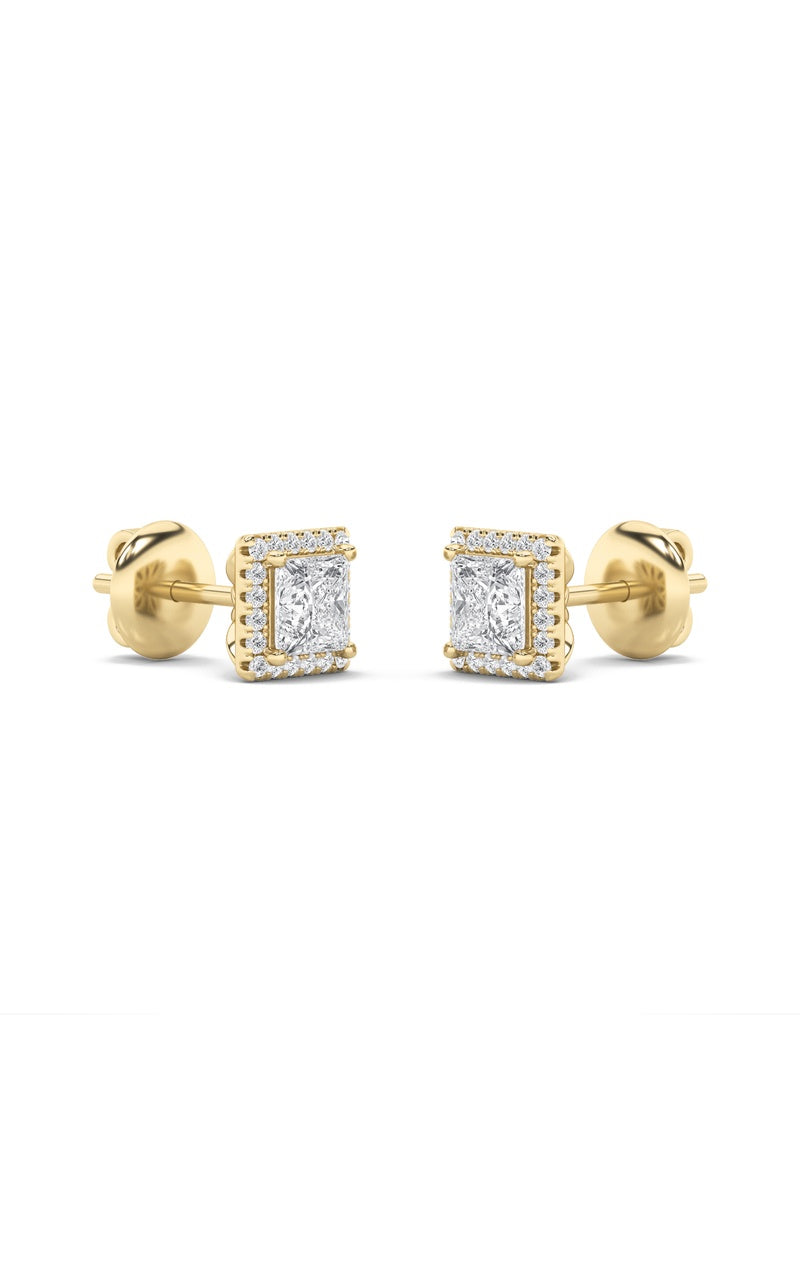 2Cttw Princess Shaped Lab Grown Diamond (F/VS) Halo Stud Earrings in 14K Gold