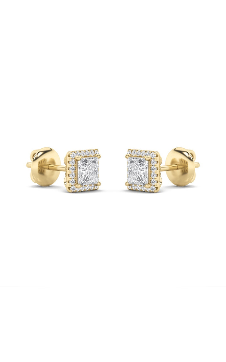 2Cttw Princess Shaped Lab Grown Diamond (F/VS) Halo Stud Earrings in 14K Gold
