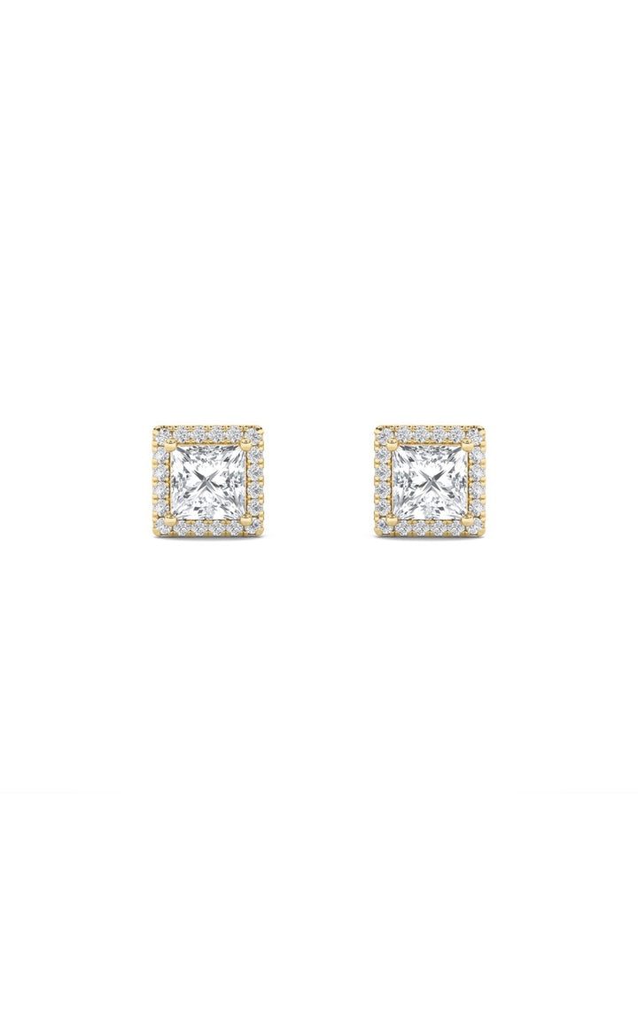 2Cttw Princess Shaped Lab Grown Diamond (F/VS) Halo Stud Earrings in 14K Gold
