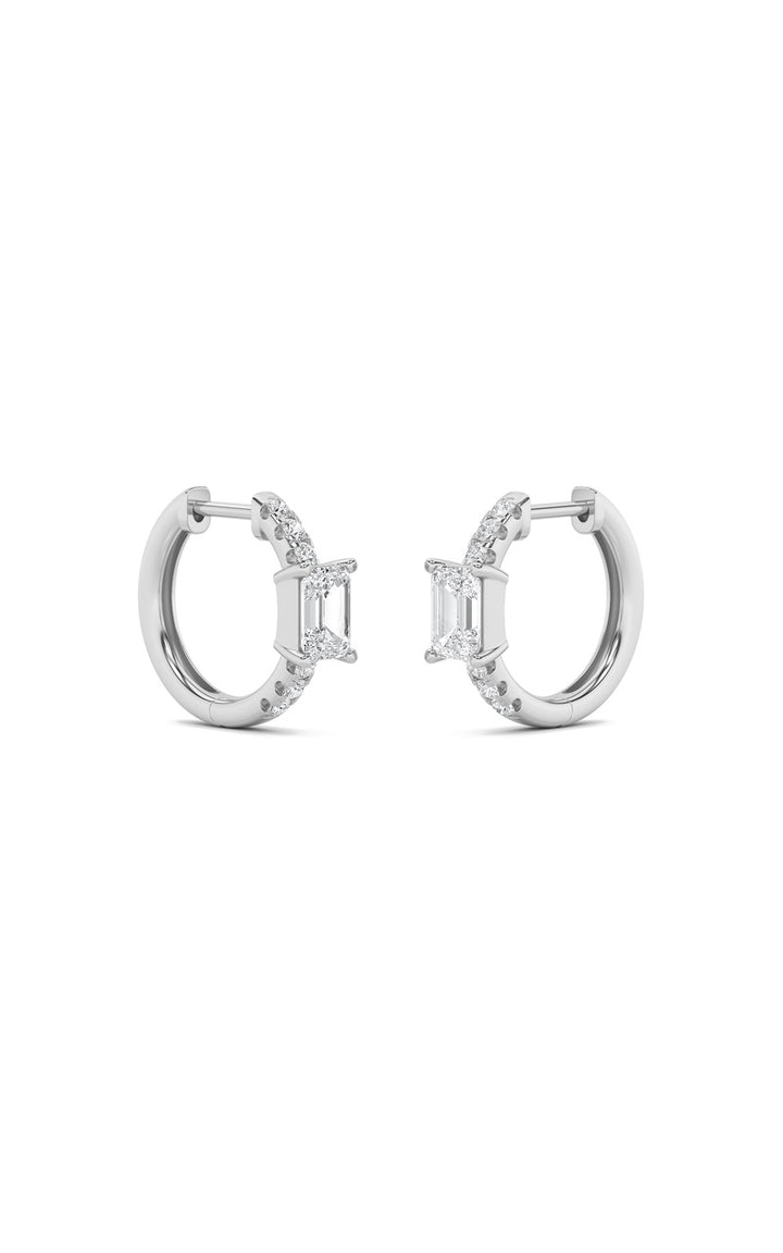 1.5Cttw Emerald Shaped Lab Grown Diamond (F/VS) Solitare Accent Huggie Earrings in 10K Gold