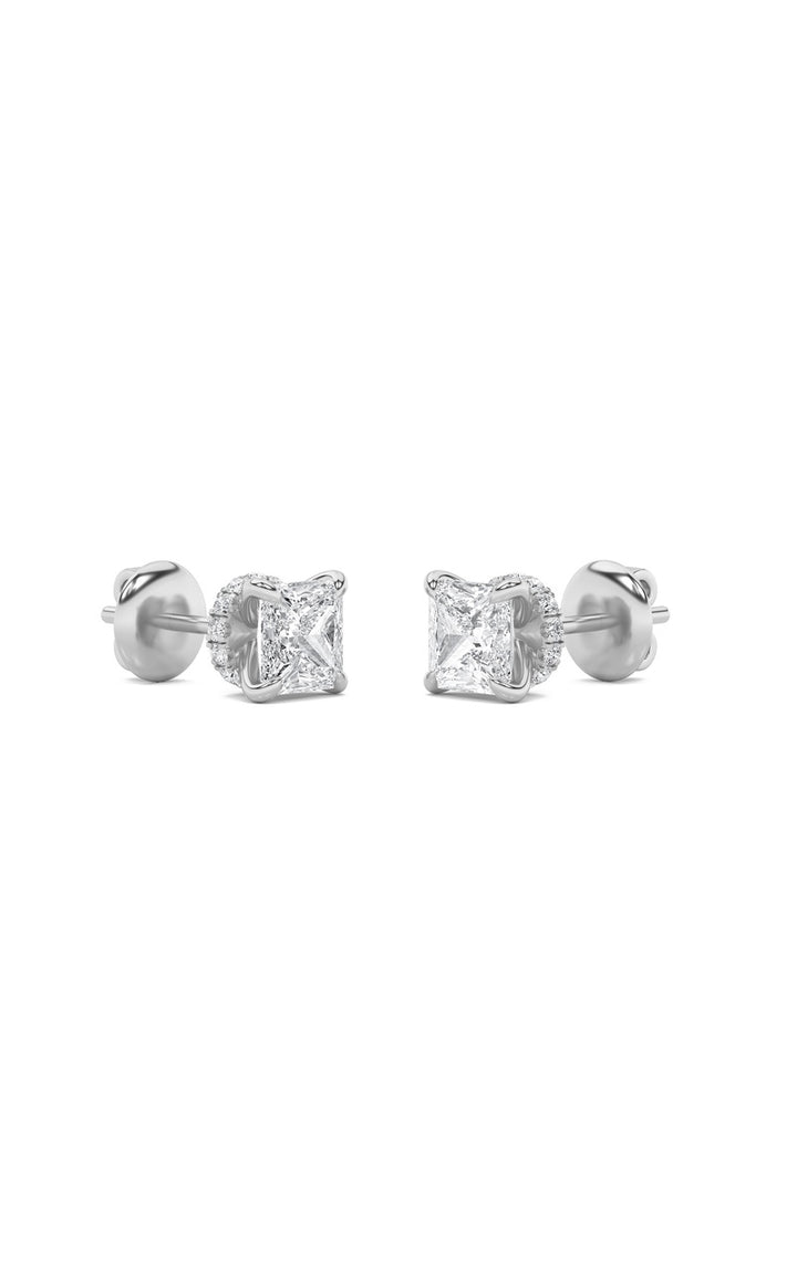 2Cttw Princess Shaped Lab Grown Diamond (F/VS) Hidden Halo Stud Earrings in 14K Gold