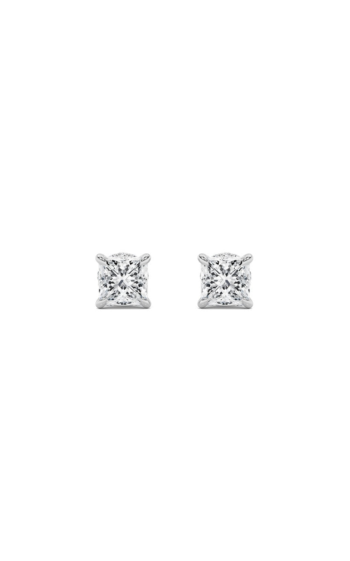 3Cttw Princess Shaped Lab Grown Diamond (F/VS) Hidden Halo Stud Earrings in 14K Gold