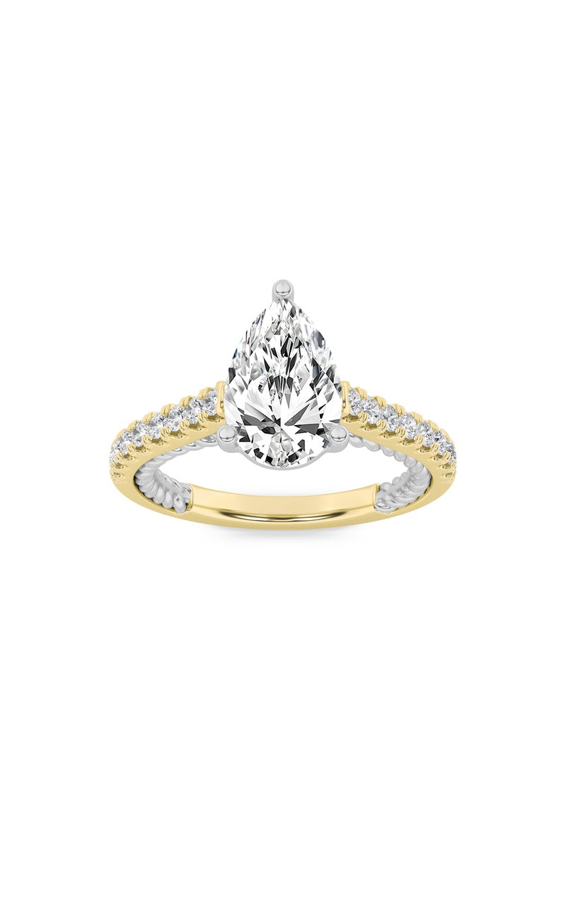 2Cttw Pear Shaped Lab Grown Diamond (F/VS) Two Tone Accented Rope Design Engagement Ring in 14K Gold