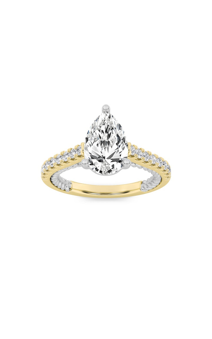 2Cttw Pear Shaped Lab Grown Diamond (F/VS) Two Tone Accented Rope Design Engagement Ring in 14K Gold