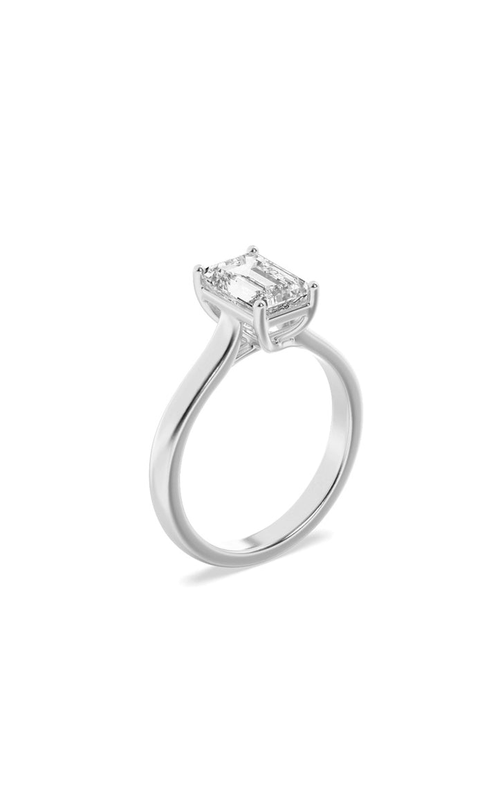 1Cttw Emerald Shaped Lab Grown Diamond (F/VS) Plain Cathedral Trellis Shank Solitaire Engagement Ring in 14K Gold