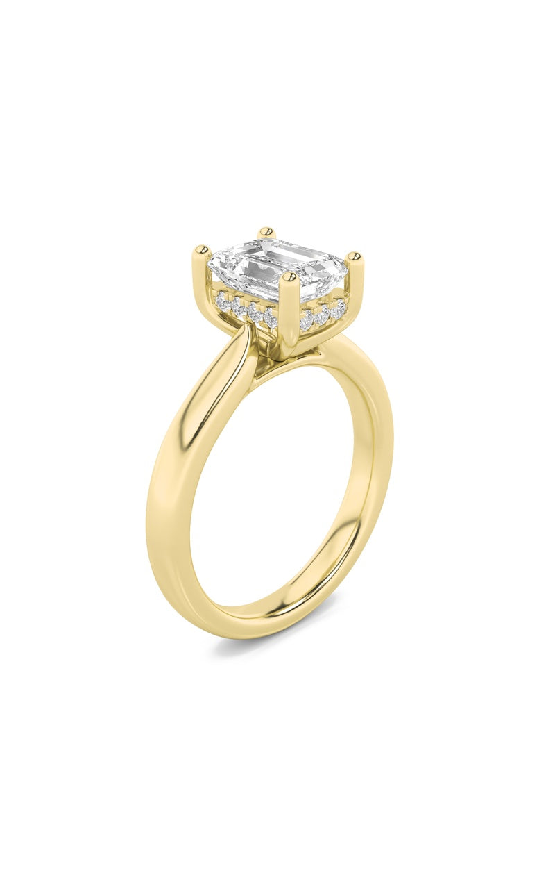 1Cttw Emerald Shaped Lab Grown Diamond (F/VS) Hidden Halo Cathedral Shank Engagement Ring in 14K Gold
