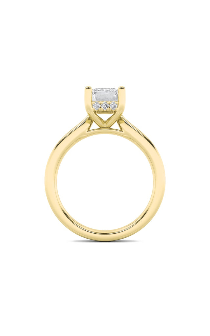 1Cttw Emerald Shaped Lab Grown Diamond (F/VS) Hidden Halo Cathedral Shank Engagement Ring in 14K Gold
