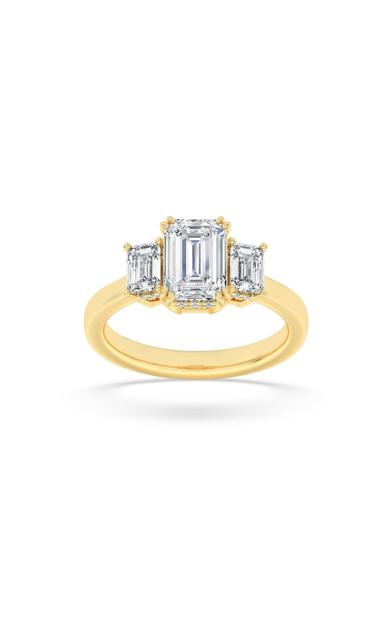 3Cttw Emerald Shaped Lab Grown Diamond (F/VS) Three Stone Accented Ring in 14K Gold