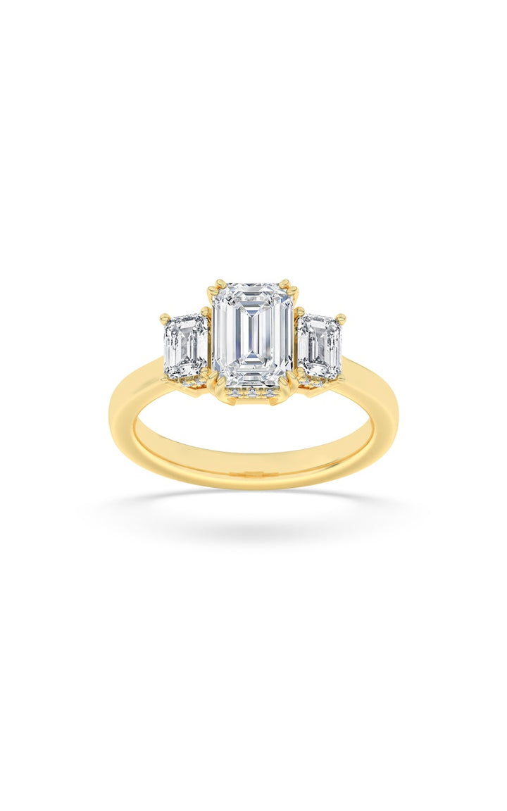 3Cttw Emerald Shaped Lab Grown Diamond (F/VS) Three Stone Accented Ring in 14K Gold