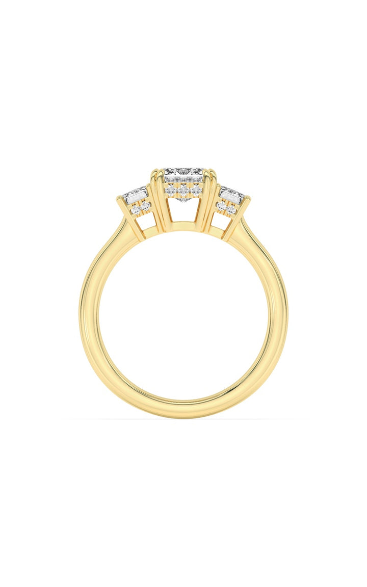 3Cttw Emerald Shaped Lab Grown Diamond (F/VS) Three Stone Accented Ring in 14K Gold
