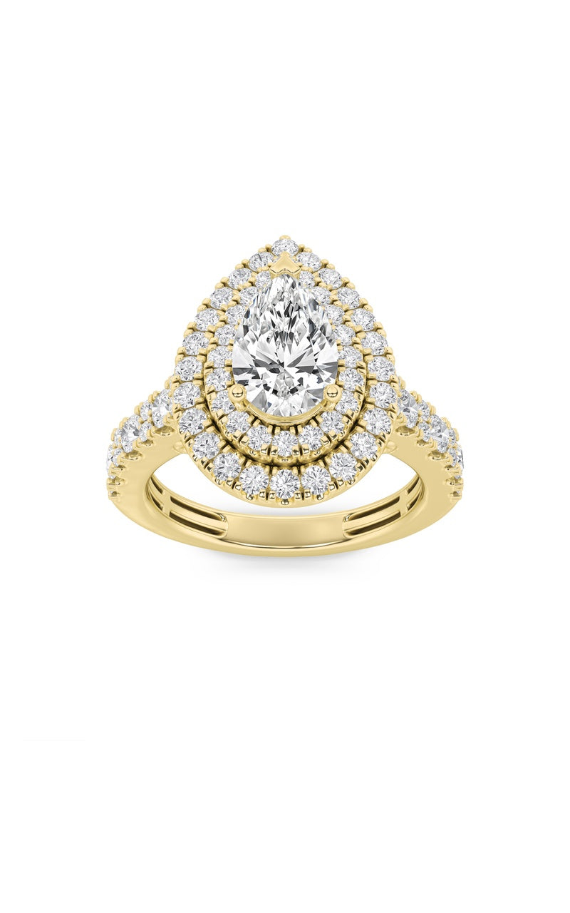2CTW Pear Shaped Lab Grown Diamond (F/VS) Double Halo Engagement Ring in 14K Gold