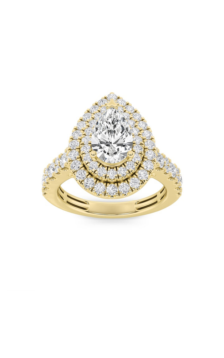 2CTW Pear Shaped Lab Grown Diamond (F/VS) Double Halo Engagement Ring in 14K Gold