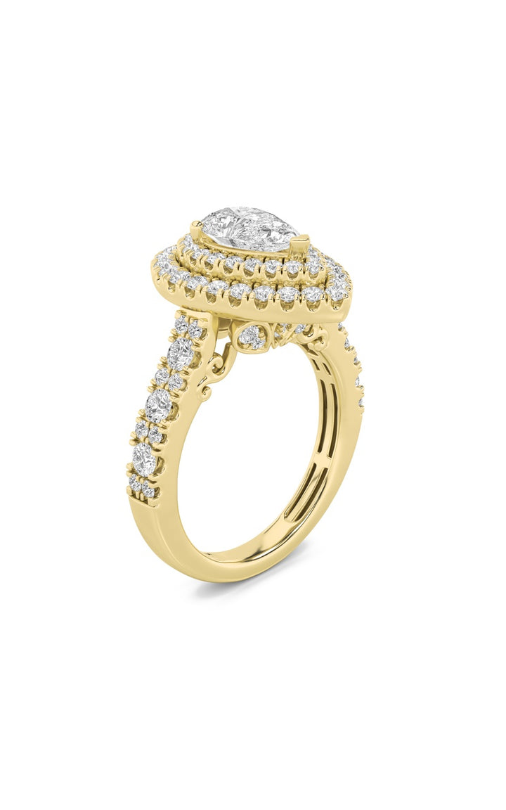 2Cttw Pear Shaped Lab Grown Diamond (F/VS) DoubleHalo Engagement Ring in 14K Gold