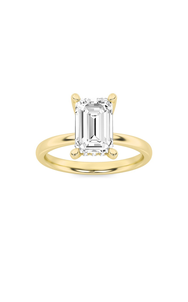 2Cttw Emerald Shaped Lab Grown Diamond (F/VS) Hidden Halo Petite Shank Ring in 14K Gold