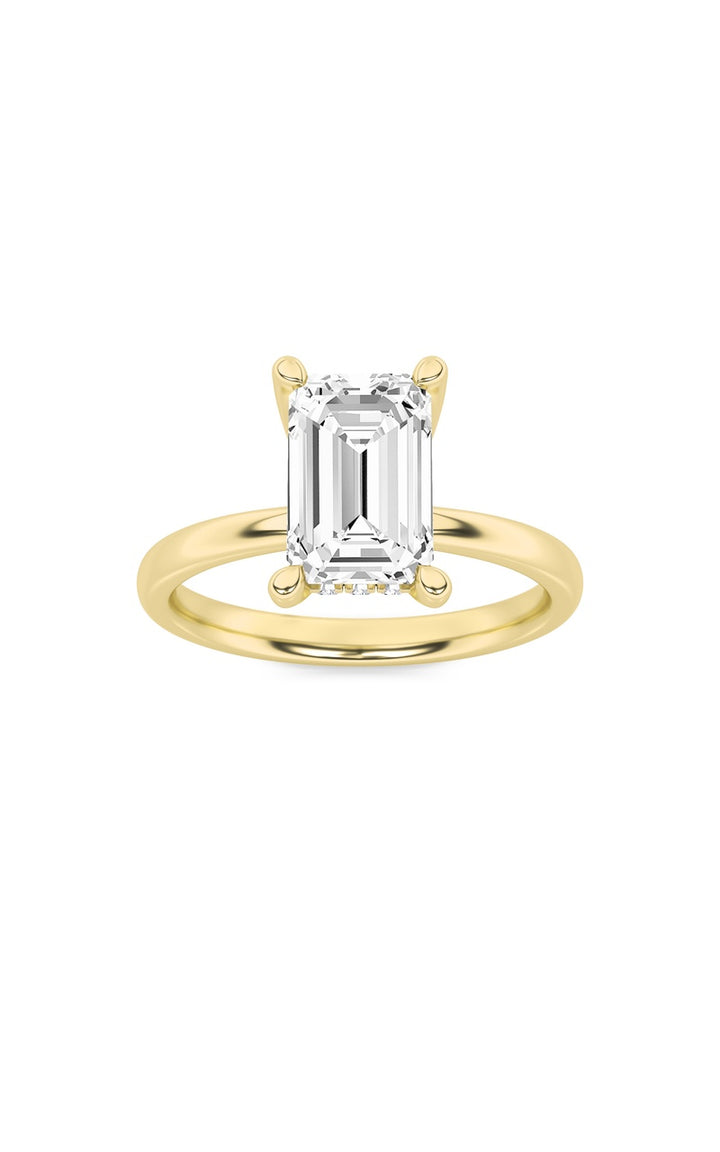 2Cttw Emerald Shaped Lab Grown Diamond (F/VS) Hidden Halo Petite Shank Ring in 14K Gold