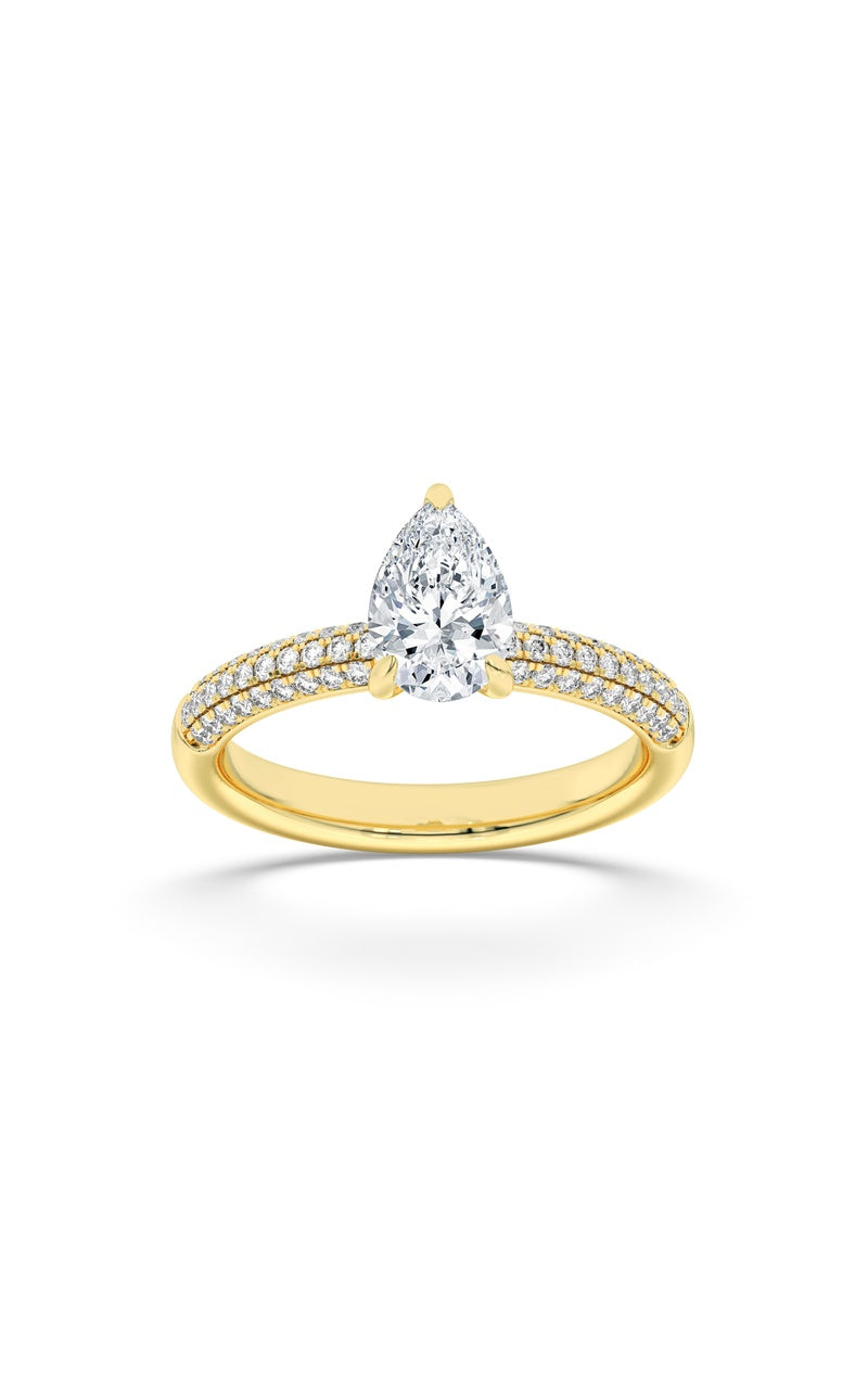 1.5Cttw Pear Shaped Lab Grown Diamond (F/VS) Three Row Micro Pave Engagement Ring in 14K Gold
