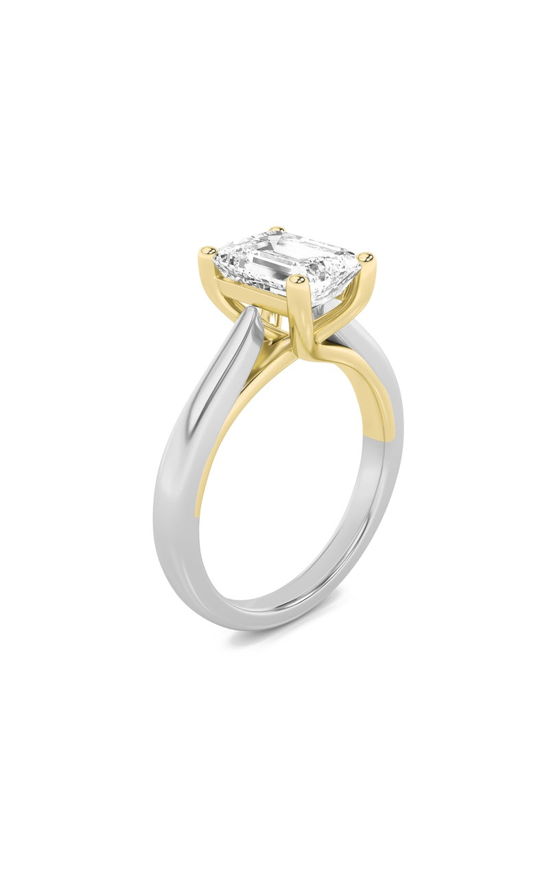1Cttw Emerald Shaped Lab Grown Diamond (F/VS) TwoTone Cathedral Shank Engagement Ring in 14K Gold