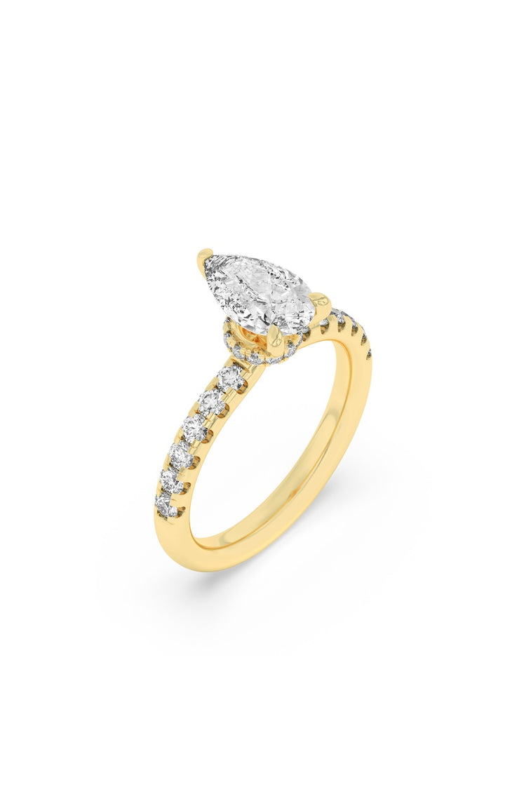 2Cttw Pear Shaped Lab Grown Diamond (F/VS) HiddenHalo Accented Ring in 14K Gold