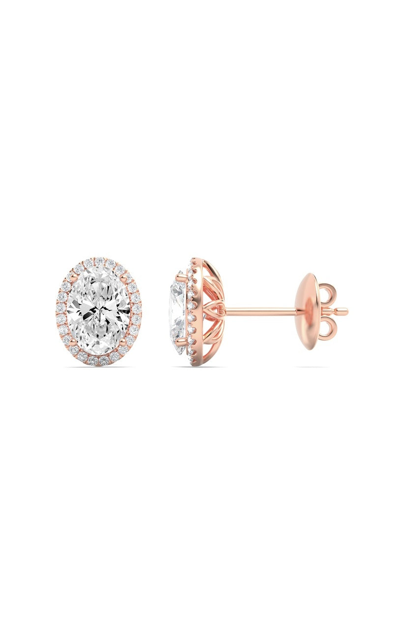 1Cttw Oval Shaped Lab Grown Diamond (F/VS) Halo Stud Earrings in 14K Gold