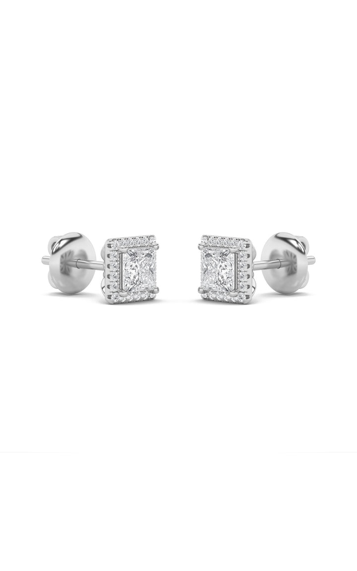 2Cttw Princess Shaped Lab Grown Diamond (F/VS) Halo Stud Earrings in 14K Gold
