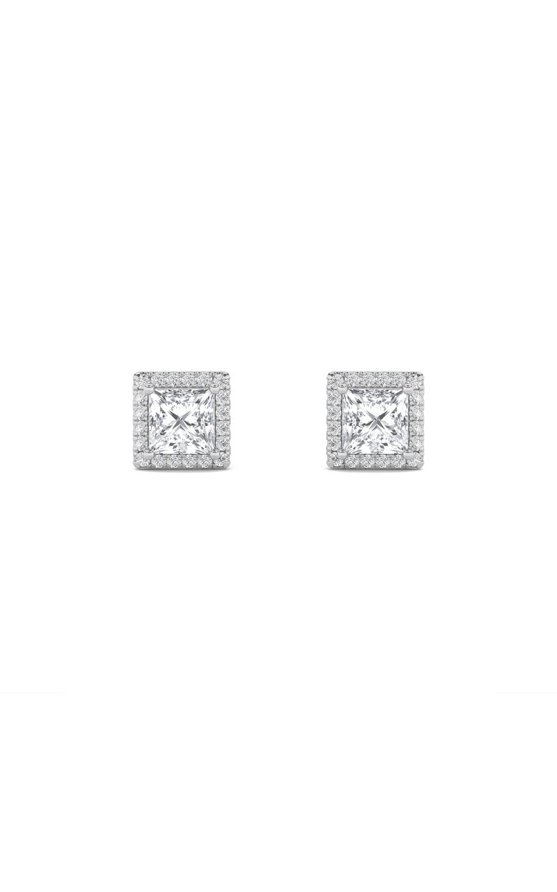 2Cttw Princess Shaped Lab Grown Diamond (F/VS) Halo Stud Earrings in 14K Gold