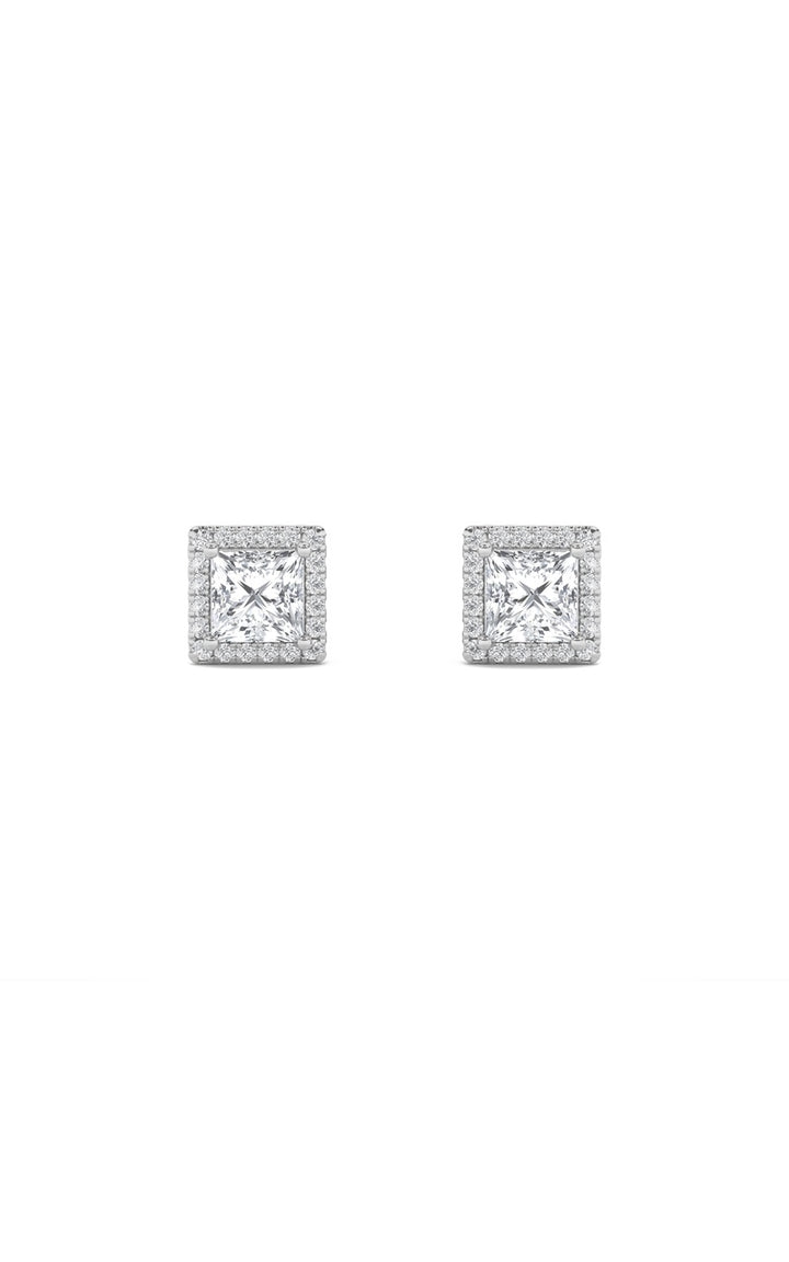 2Cttw Princess Shaped Lab Grown Diamond (F/VS) Halo Stud Earrings in 14K Gold