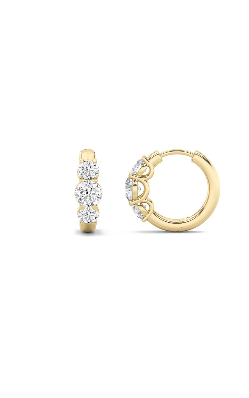 2Cttw Round Shaped Lab Grown Diamond (F/VS) ThreeStone Huggie Earrings in 10K Gold