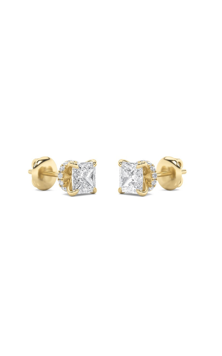 2Cttw Princess Shaped Lab Grown Diamond (F/VS) Hidden Halo Stud Earrings in 14K Gold