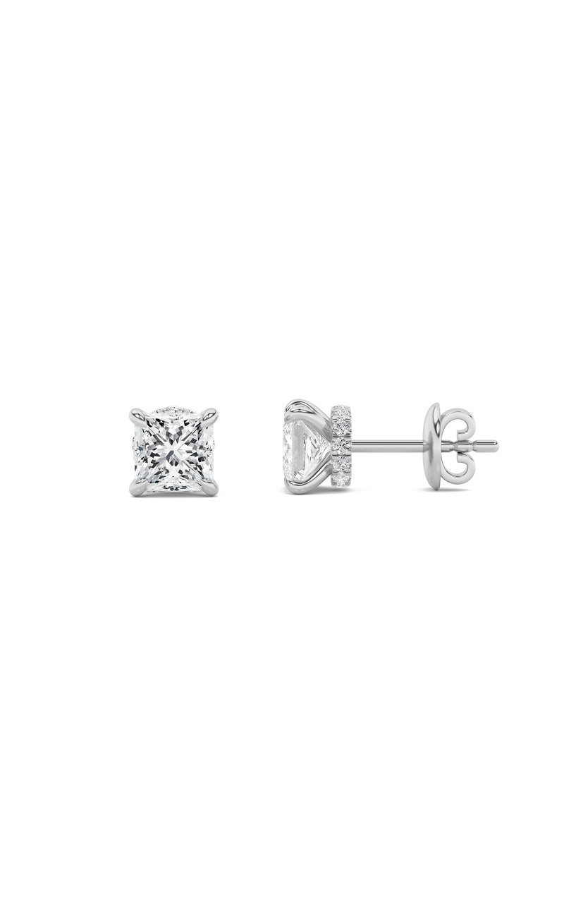5Cttw Princess Shaped Lab Grown Diamond (F/VS) Hidden Halo Stud Earrings in 14K Gold