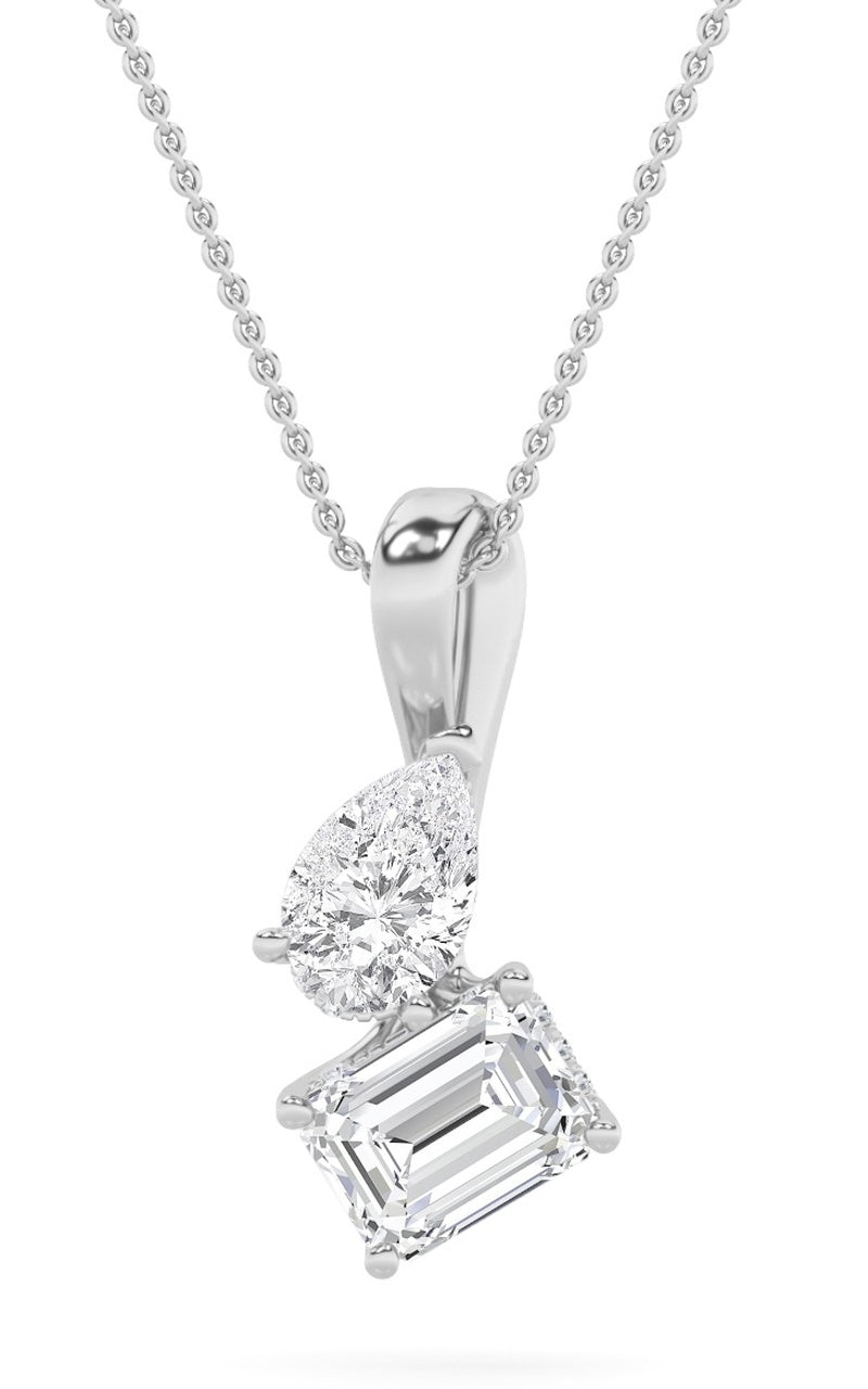 3Cttw Emerald Shaped Lab Grown Diamond (F/VS) Toi et Moi Pendant in 14K Gold