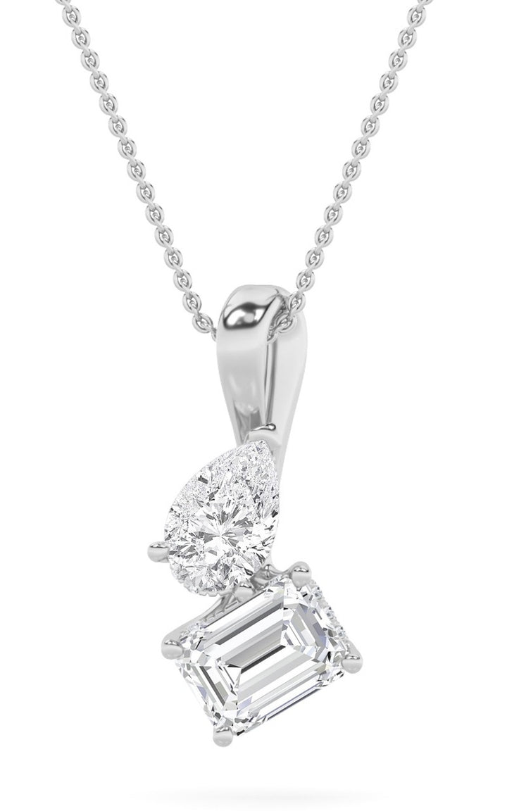3Cttw Emerald Shaped Lab Grown Diamond (F/VS) Toi et Moi Pendant in 14K Gold