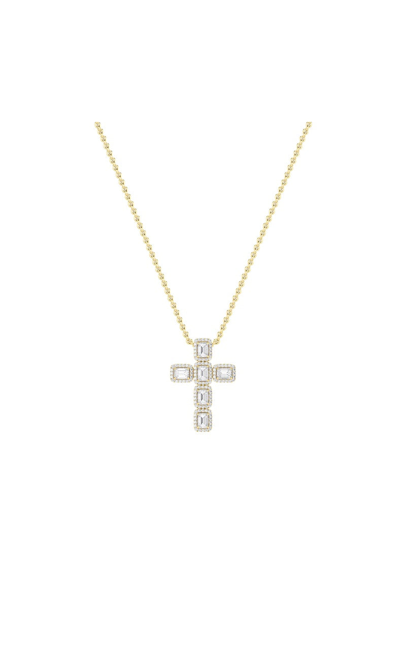 3Cttw Emerald Shaped Lab Grown Diamond (F/VS) Cross Pendant in 14K Gold