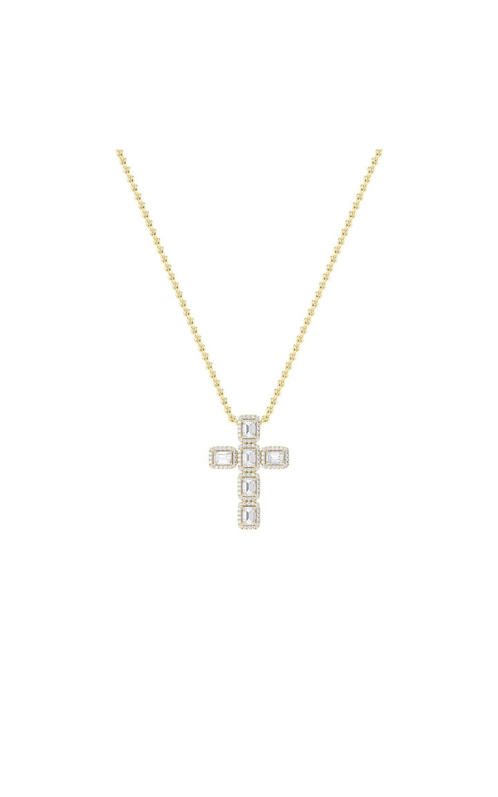 3Cttw Emerald Shaped Lab Grown Diamond (F/VS) Cross Pendant in 14K Gold
