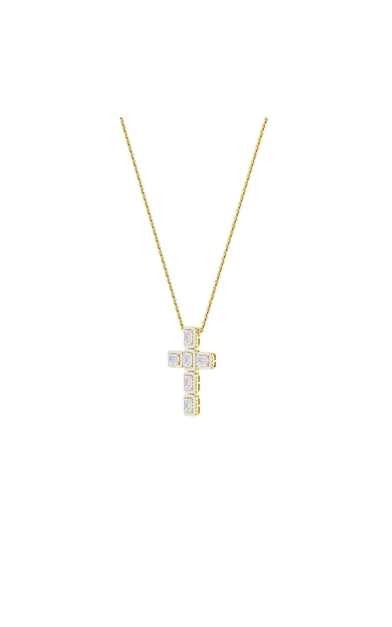 3Cttw Emerald Shaped Lab Grown Diamond (F/VS) Cross Pendant in 14K Gold