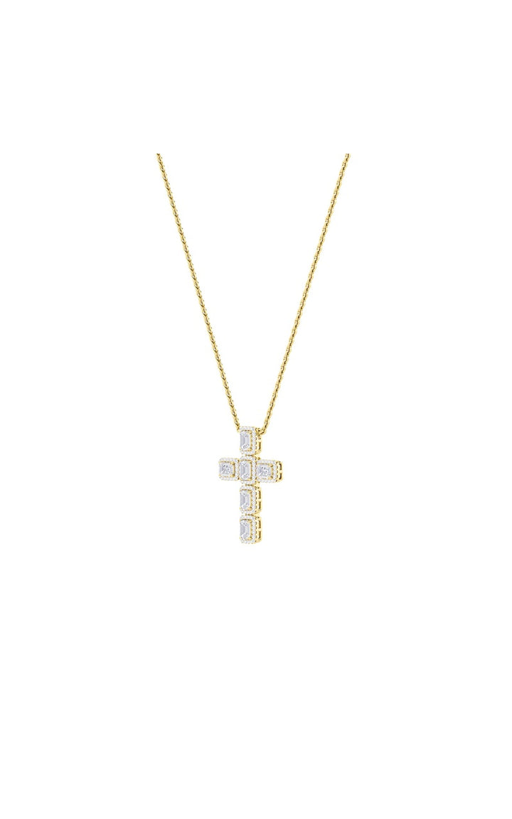 3Cttw Emerald Shaped Lab Grown Diamond (F/VS) Cross Pendant in 14K Gold
