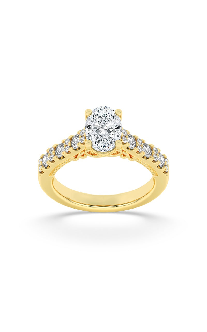 2CTW Oval Shaped Lab Grown Diamond (F/VS) Accented Milgrain Engagement Ring in 14K Gold