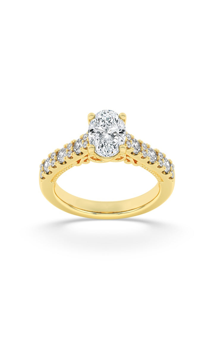 2Cttw Oval Shaped Lab Grown Diamond (F/VS) Accented Milgrain Engagement Ring in 14K Gold