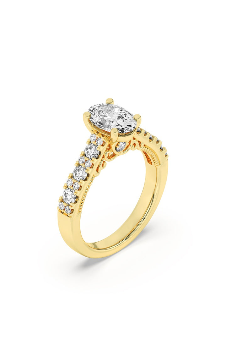 2CTW Oval Shaped Lab Grown Diamond (F/VS) Accented Milgrain Engagement Ring in 14K Gold
