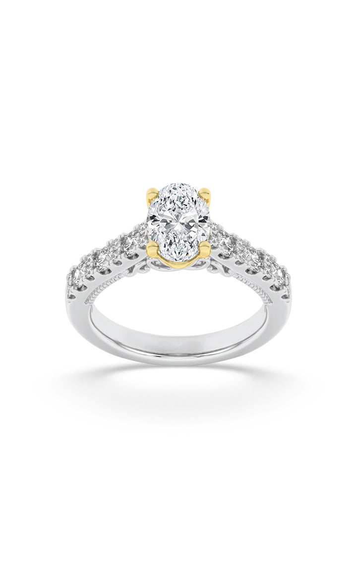 2CTW Oval Shaped Lab Grown Diamond (F/VS) Accented Milgrain Engagement Ring in 14K Gold