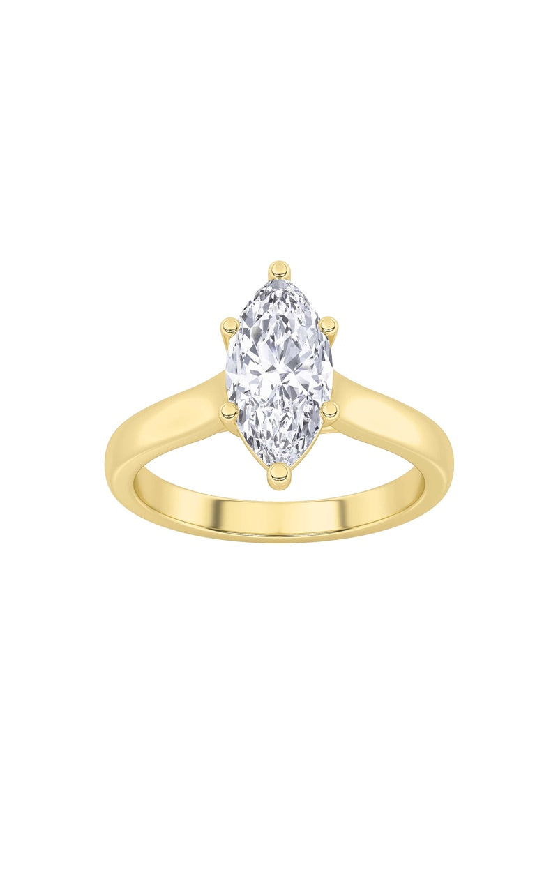 1Cttw Marquise Shaped Lab Grown Diamond (F/VS) Plain Cathedral Trellis Shank Solitaire Engagement Ring in 14K Gold