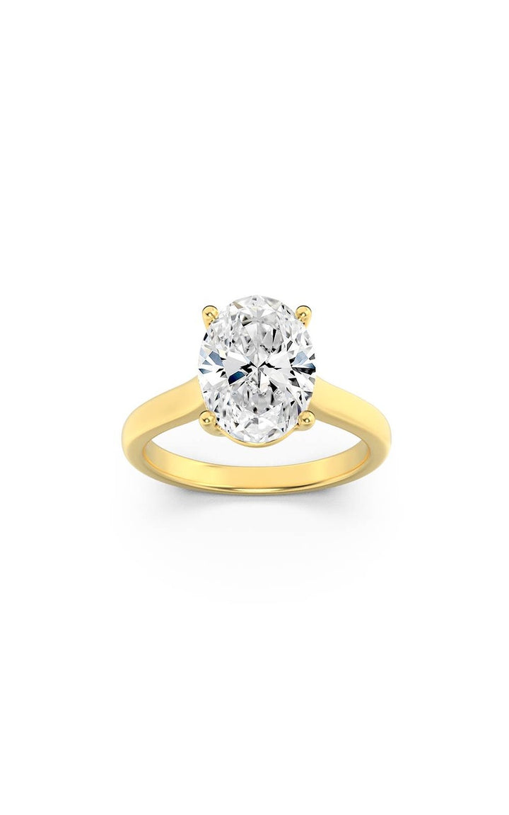 1Cttw Oval Shaped Lab Grown Diamond (F/VS) Plain Cathedral Trellis Shank Solitaire Engagement Ring in 14K Gold