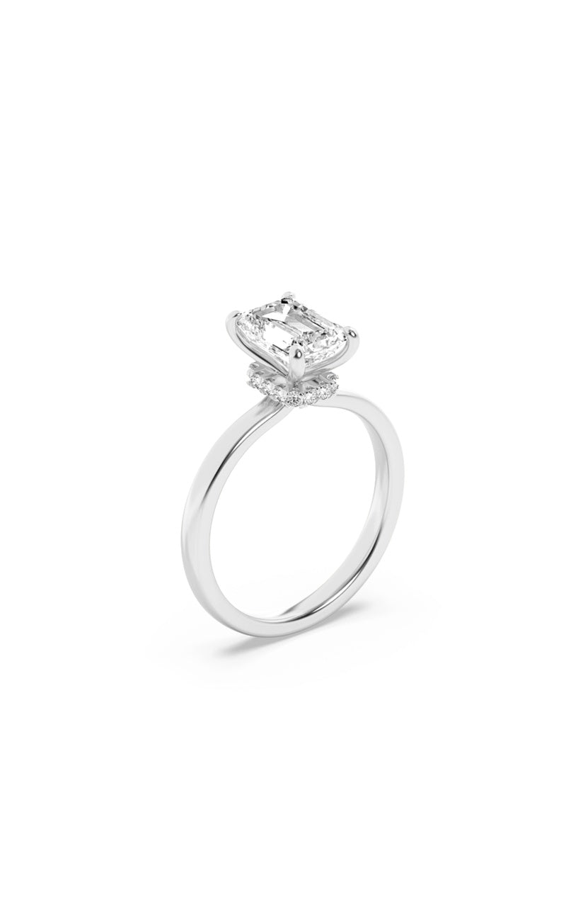 3CTW Emerald Shaped Lab Grown Diamond (F/VS) Hidden Halo Plain Shank Engagement Ring in 14K Gold