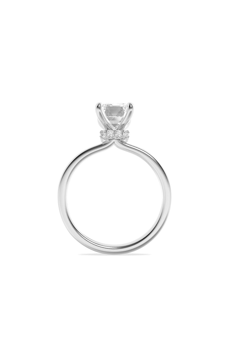 3Cttw Emerald Shaped Lab Grown Diamond (F/VS) Hidden Halo Plain Shank Engagement Ring in 14K Gold