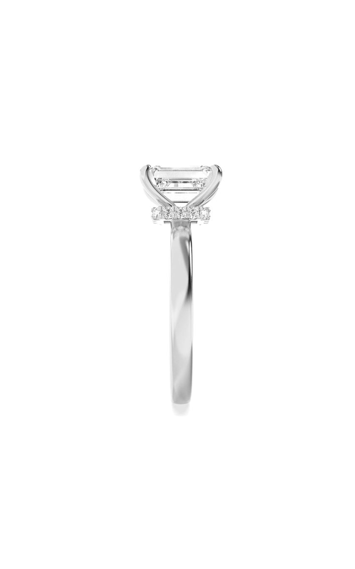 3Cttw Emerald Shaped Lab Grown Diamond (F/VS) Hidden Halo Plain Shank Engagement Ring in 14K Gold