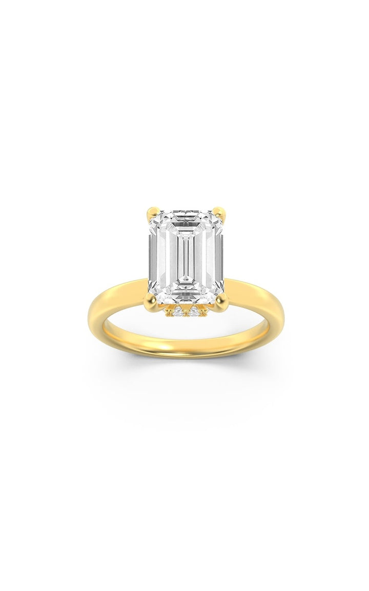 3Cttw Emerald Shaped Lab Grown Diamond (F/VS) Hidden Halo Plain Shank Engagement Ring in 14K Gold