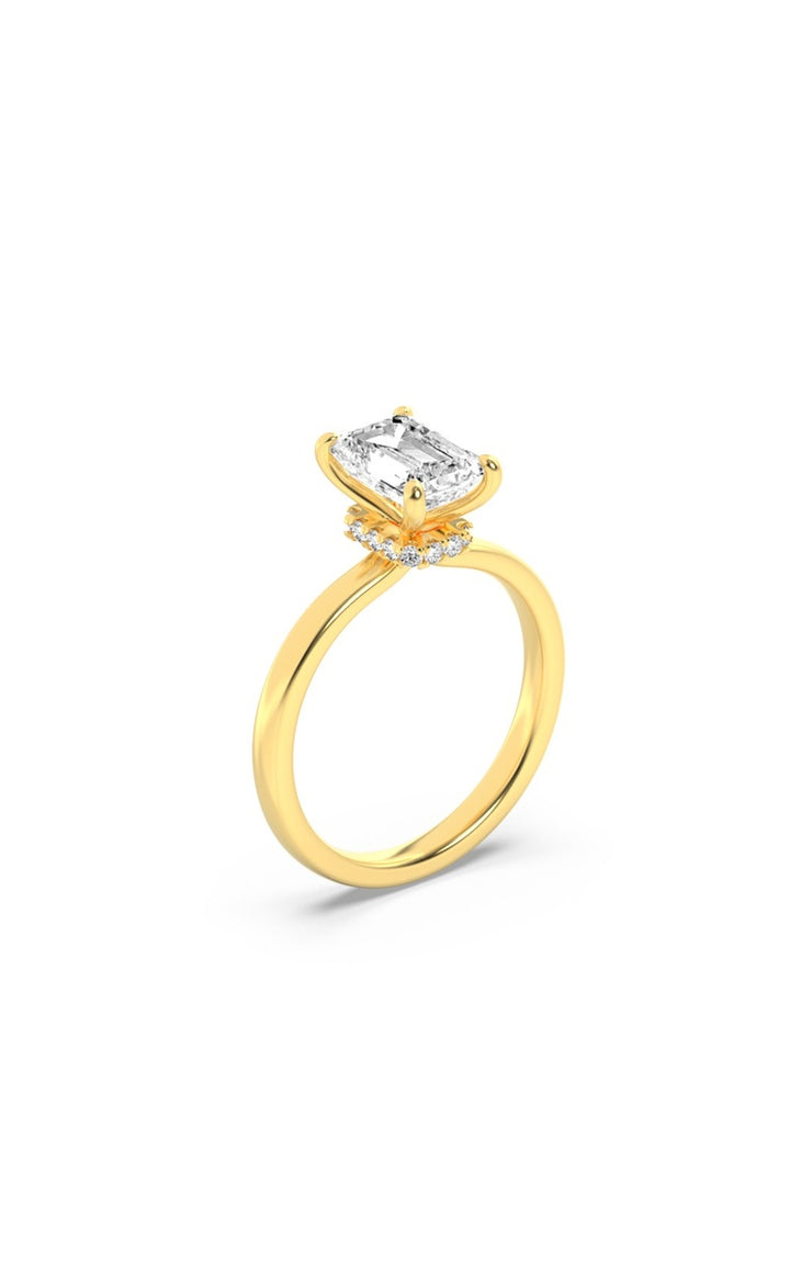 3Cttw Emerald Shaped Lab Grown Diamond (F/VS) Hidden Halo Plain Shank Engagement Ring in 14K Gold